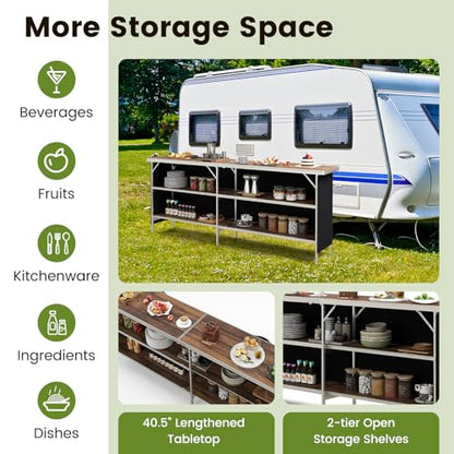 COSTWAY 81" Folding Picnic Table, Portable Bar Table with Carry Bag, Lightweight Aluminum Food Prep Station with 2 Shelves, Quick Set-up, BBQ, Party, Backyard, Brown - color: Brown, size: 81"W x 32.5"H