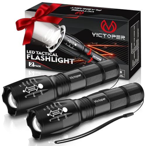 Victoper LED Flashlight 2 Pack, Bright Tactical Torch High Lumens 5 Modes, Waterproof Zoomable Flash Light for Outdoor, Birthday Gifts for Men, Dorm Room Hiking Camping Essentials Gear for Guys - color: Black, size: 2 PACK
