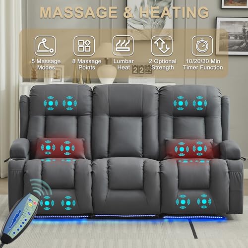 URRED Power Loveseat Recliner Sofa with Massage and Heat, Wall Hugger Reclining Loveseat with Console, RV Couch Home Theater Seating with LED Lights for Living Room (Blue Grey, 76.8" - 3 Seats) - color: Blue Grey, size: 76.8" - 3 Seats
