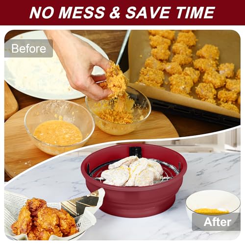 FJNATINH Collapsible Batter Bowl - Mess Free Better Breader Shaker Bowl with Lid Breading Shaker Container - Great for Fried Fish, Fried Chicken, Onion Rings, Wings & More,No Leak,Easy to Store,Red - color: Red