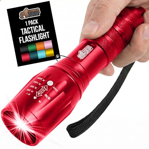 GORILLA GRIP Powerful LED Tactical Flashlight, 750 FT High Lumens 5 Adjustable Modes, Water Resistant, Ultra Bright Zoom Flashlights, Small Mini Flash Light, Camping, Night Dog Walking, Red - color: Red