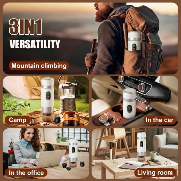 Portable Coffee Maker KF-JN-03 with Digital Display & 20 BAR Pressure – Hot & Cold Brew, Compatible with Coffee Grounds and Capsules, Compact Single-Serve Design with Transparent Cup & 60ml Tank - color: White