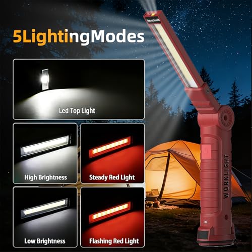 Rechargeable Work Light Flashlight, Tool Fathers Day Dad Gifts for Men Him Husband Grill Light Inspection Lamp with Magnetic Base Hook, 5 Modes 360° Rotate Car Emergency Repair 4 Pack - color: RED 4PCS