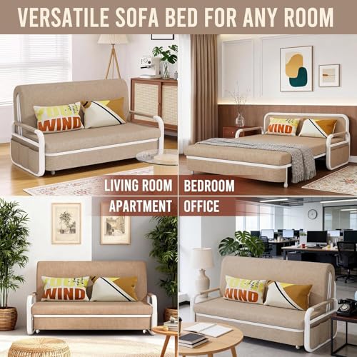 62" Pull Out Sofa Bed, 3 in 1 Convertible Sleeper Sofa, Full Size Loveseat Couch Bed with Storage, Trundle and 2 Pillows for Living Room, Bedroom, Dorm, RV,Office (Saddle Tan 809) - size: 62"- Full Size
