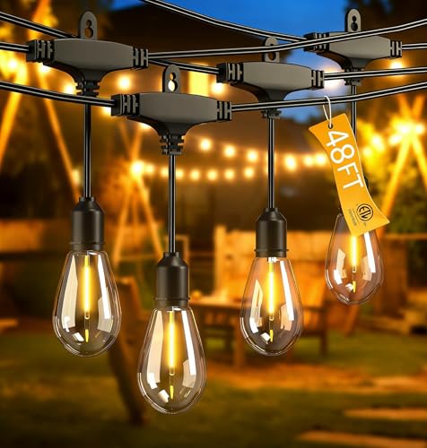 Outdoor String Lights 48FT, Commercial Grade Patio Lights with 16 (15+1) S14 Shatterproof Bulbs for Bistros Backyard Porch Party, IP65 Waterproof 2700K Warm White - color: 48FT-16Bulb