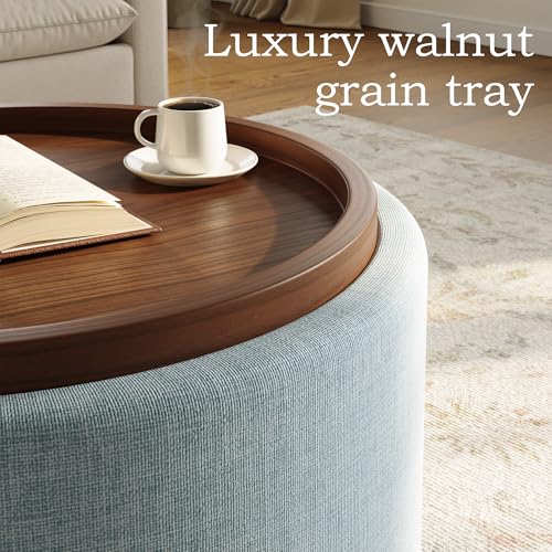 Round Storage Ottoman Coffee Table with Walnut Tray, 30'' Round Ottoman with Storage, Modern Upholstered Coffee Table with with 4 Casters for Living Room, Linen Fabric, Light Blue - color: Light Blue
