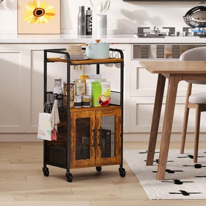 Hencawima Small Coffee Bar Cabinet with Storage, 3-Tier Rolling Coffee Bar Table, Farmhouse Coffee Cart Station with 2 Doors for Living Room, Dining Room, Rustic Brown - size: Small