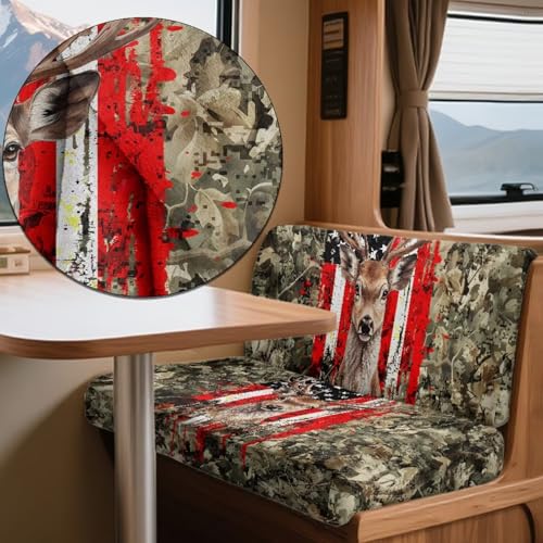 Deer Camo American Flag Pattern 2 Pcs RV Dinette Cushion Covers Washable Camper Cushion Slipcover Thickened Camper Seat Covers Dinette Booth Sofa Slipover for Travel Trailer Couch - color: Deer Camo American Flag