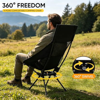 Swivel Portable Camping Chair, High Back Folding Chair with Detachable Pillow, Compact Lightweight Backpacking Chair for Outdoor, Travel, Beach, Hiking, Support 330 LBS, 1 Pack Black
