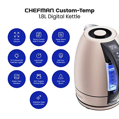 Chefman Electric Tea Kettle, 1.8 Liter Hot Water Electric Kettle Temperature Control Water Boiler with 5 Presets, Tri-Colored LED Lights, Keep Warm, Automatic Shutoff, Rose - color: Rose, style: Stainless Steel