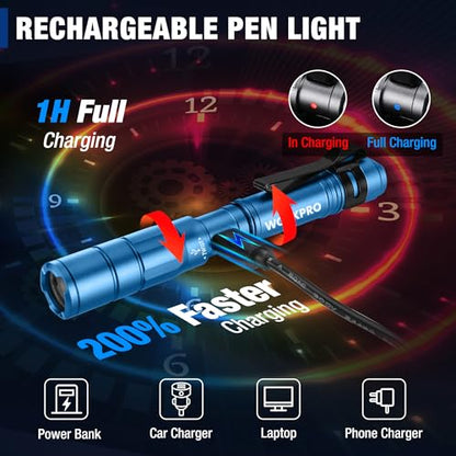 WORKPRO Rechargeable Pen Light, Mini Flashlight, 2 Pack Ultra-Compact EDC Flashlight, Pocket Flashlight with Clip, Memory Function and 2 x USB C Cable Included, Blue - color: Blue