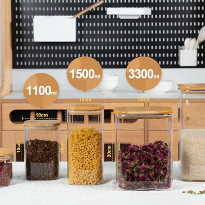 D2scrma 50oz Airtight Glass Square Storage Canister with Bamboo Lid Set of 3 (1500ml) Container Stackable Spice Jar, Kitchen Canister for Flour, Cookies, Cereal and Coffee beans (‎with Black Lable) - size: 50oz*3