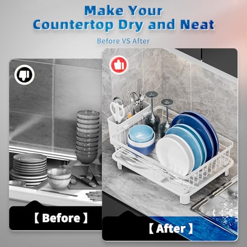 Dish Drying Rack, Stainless Steel-Dish Rack, Dish Racks for Kitchen Counter, Kitchen Dish Drainers with Removable Utensil Holder,New drain outlet,Plate Rack and Drainboard,(White-11" W x 15" L) - color: White
