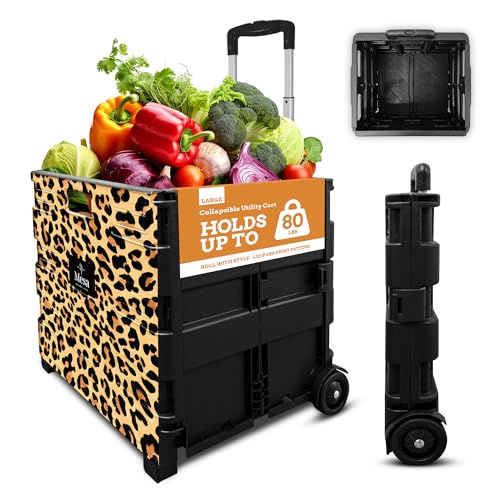 Inspired Living Ultra-Slim Rolling Collapsible Storage Pack-N-Roll Utility-carts, with Telescopic Handle, for Home, Garden, Shopping, Office, School use, Large, Leopard - color: Leopard Print, size: Large/ No Lid
