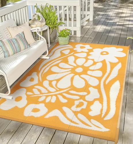 Uphome Outdoor Rug Mat Waterproof 5x8 ft, Reversible Outdoor Plastic Straw Rug, Orange Floral Patio Rug, Foldable RV Camping Rug, Indoor Outdoor Area Rug for Backyard Deck Pool Balcony Picnic, 5'x8' - color: Orange-floral, size: 6' x 9' (Rectangular)