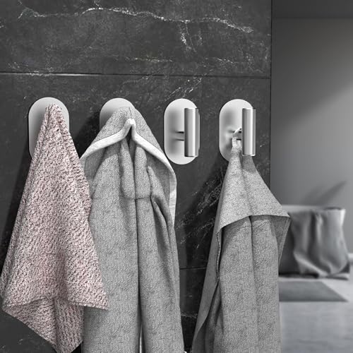 Aikzik Silver Adhesive Hooks Heavy Duty, Wall Hooks for Shower, Bathroom, Towel, Coat, Robe, Stainless Steel Hooks for Hanging, Waterproof & Rustproof Sticky Hooks for Walls No Damage- 2 Pack - color: Silver