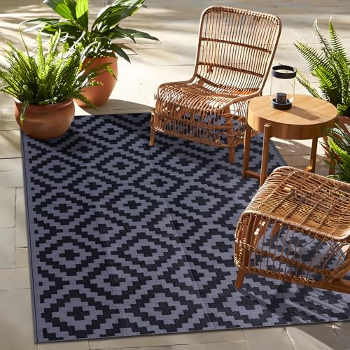 OLANLY Waterproof Outdoor Rug 4x6 ft, Outdoor Plastic Straw Rug for Camping, RV Mat Outside, Indoor Outdoor Carpet for Porch, Deck, Backyard, Balcony, Picnic, Black & Grey - color: Black & Grey, size: 4' X 6' (Rectangular)