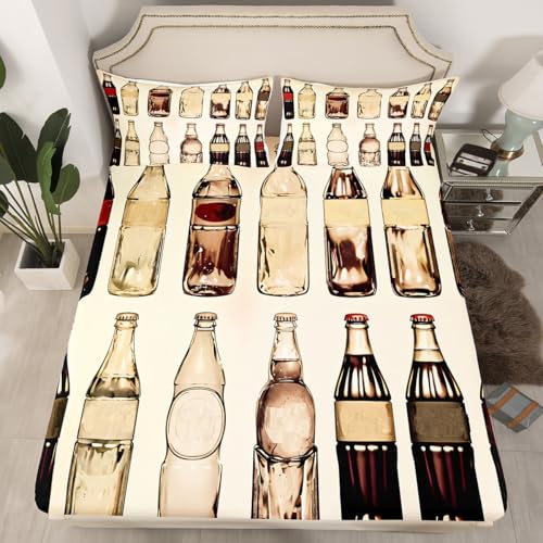 Feelyou Kids Vintage Cola Bed Sheet Set Queen Size, Cola Drinks Fitted Sheet Cola Bedding Set for Kids Boys Girls Summer Bed Cover Room Decor Lightweight Bed Set (No Flat Sheet) - color: Beige, size: Queen