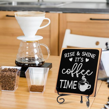 YUXIANLB Coffee Bar Sign Decor 4"X 4" Rise & Shine It's Coffee Time Wooden Plaque for Home Kitchen Bar Tabletop Rustic Farmhouse Wood Cafe Signs with Stand for Cafe Corner Shelf Table Decorations