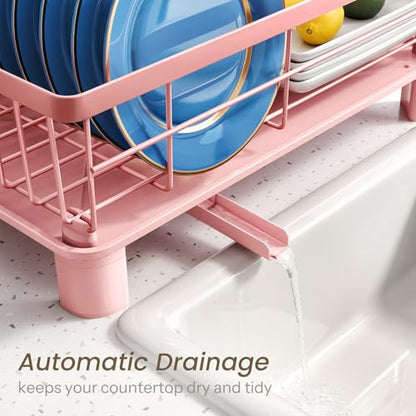 SNTD Dish Drying Rack - Small Dish Rack for Kitchen Counter, Stainless Steel Dish Drainer with Utensil Holder and Drainboard, 11" W x 15" L (Pink) - color: Pink, size: 11" W x 15" L