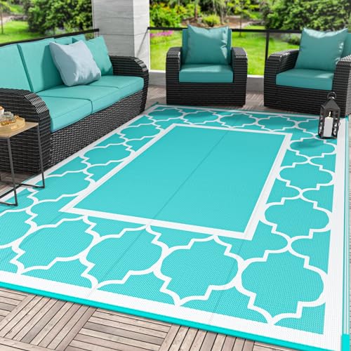 GENIMO 8 ' x 10 ' Outdoor Rug for Patio Clearance, Waterproof Indoor Outdoor Plastic Straw Rugs Carpet, Reversible Outside Area Mat for Camping, Balcony Porch, Deck, Picnic, Beach Aqua Blue & White - color: Aqua Blue&white, size: 8' x 10' (Rectangular)