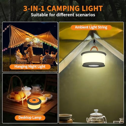 TOHETO Camping String Lights, 3 in 1 Upgraded Retractable RGB Outdoor String Lights with 19 Lighting Modes,Quick 30s Recovery, 32.8 FT Portable Tent Lights, Rechargeable Camping Lantern (Black&Orange) - style: Black&Orange
