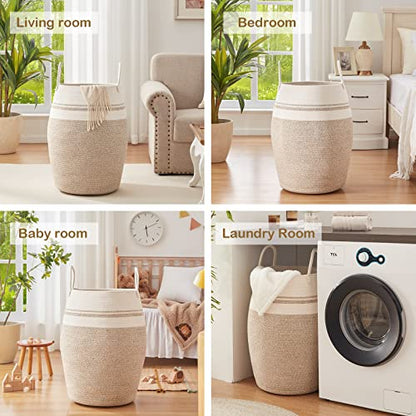 OIAHOMY Laundry Hamper Woven Cotton Rope Large Clothes Hamper 25.6" Height Tall Laundry Basket with Extended Cotton Handles for Storage Clothes Toys in Bedroom, Bathroom, Foldable (Yellow variegated) - color: Yellow variegated