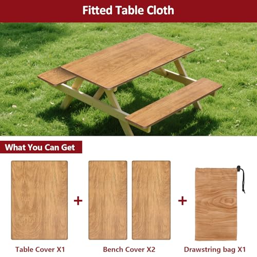 8ft Picnic Table and Bench Cover, Camping Essentials RV Gear, 96 in Waterproof Windproof Outdoor Elastic All Around Tablecloth, Fitted Rectangle Tables and Seats, Wood Grain - color: Wood Grain, size: 96"