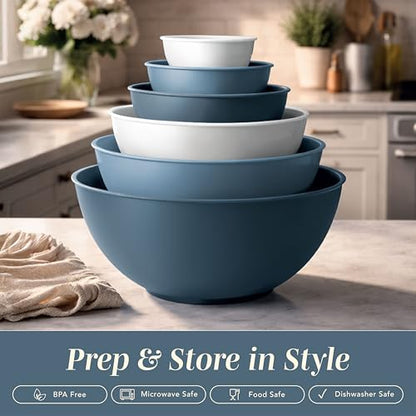 COOK WITH COLOR Mixing Bowls with Lids - 12 Piece Plastic Nesting Bowls Set includes 6 Prep Bowls, Microwave Safe Mixing Bowl Set, Blue and White TPR Lids - color: Blue and White TPR Lids
