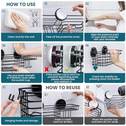 TAILI Shower Caddy Suction Cup, 3 Pack Shelves for Inside with Hooks & Soap Holder Toothbrush Cups, Removable Bathroom Organizer, Rustproof Black Shelves - style: 3 × Black