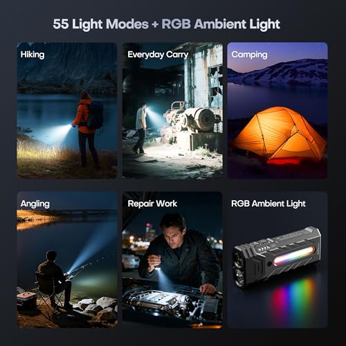 EDC Rechargeable Flashlight 3250 Lumens with RGB Light,55 Modes Multifunctional Flat Flashlight with Floodlight,Spotlight and Magnetic Base,Waterproof USB C Flashlight for Camping,Home,Emergencies - size: Large