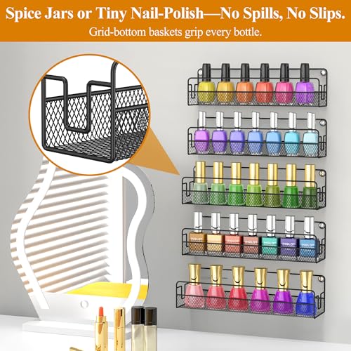 Wall Mounted Spice Rack Organizer, Pantry Door Organizer & Hanging Storage Baskets, Metal Spice Shelf for Kitchen Cabinet, 3 Depth Sizes Hold Large Jars to Nail Polish Bottles, 5 Pack - size: 5 Tier