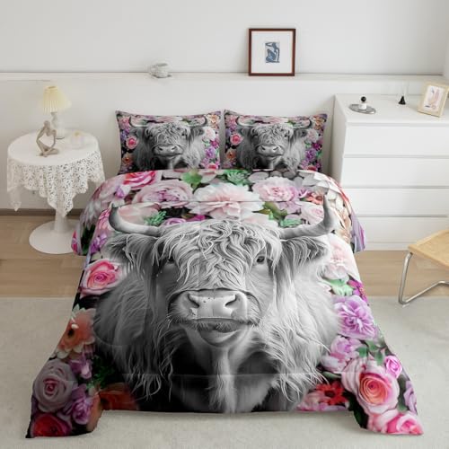 Erosebridal Highland Cow Comforter Set Full Size Rose Flower Bedding Set for Kids Girls Boys Teens Adult Western Wild Animal Bull Cattle Down Comforter Funny Farmhouse Comforter Pink Grey - color: Multi 01, size: Full