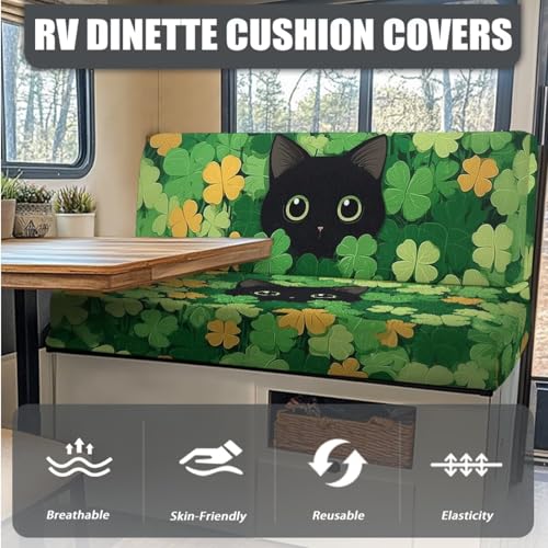 Cat Shamrock 3 Pcs RV Dinette Cushion Covers Anti-Slip Camper Cushion Slipcover Stretch 2 Seat Sofa Chair Covers St. Patrick's Day Accessories Backrest Cover and Pillowcase - color: Cat Shamrock