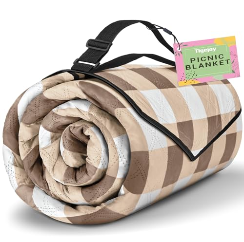 TigeJoy Extra Large Picnic Blanket Waterproof Foldable 80''x118'', Outdoor Picnic Mat Beach Blanket Sandproof for Park, Grass, Travel, Hiking, Camping Essentials, Gingham Picnic Blanket - color: Khaki, size: 6'8" x 9'10" (Rectangular)