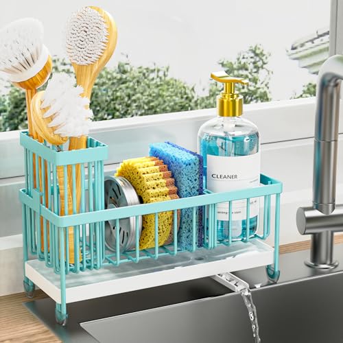 Cisily Sponge Holder for Kitchen Sink, Sink Caddy Organizer with High Brush Holder, Kitchen Countertop Organizers and Storage Essentials, Rustproof 304 Stainless Steel (Turquoise, 9.25″) - color: Turquoise - 9.25″