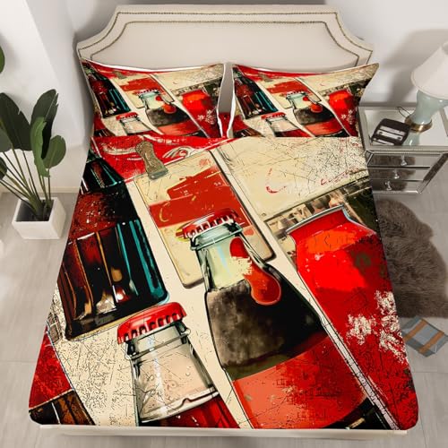Feelyou Cola Bedding Set for Kids Full Size Vintage Cola Bed Sheet Set Boys Girls Cola Bottles Bedding Set Retro Bed Cover Bed Set 3Pcs (No TOP Sheet) - color: Beige Red, size: Full