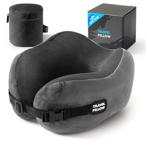 Neck Pillow Travel Pillow - 100% Pure Memory Foam Airplane Pillow with Adjustable Clasp & Removable Cover, Portable Travel Essentials for Long Flights, Car & Office (Dark Gray) - color: Dark Gray