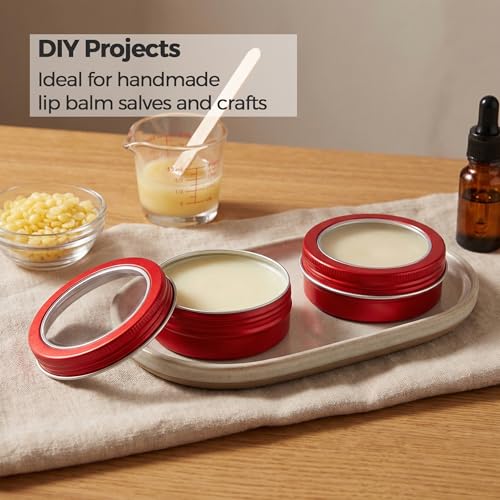 2 oz (60ml) Red Aluminum Tins with Clear Lids and Labels, 24 Pack | Clear View Lid, Secure Packaging, Tight Screw Lids, Includes Blank Labels, 11 Color Options - color: Red
