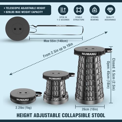 NUMANU 2026 Upgraded Collapsible Stool & 3IN1 Cushioned Carry Bag, 2.5"-18" Height Adjustable Max 620lbs, Portable Retractable Telescoping Seat, Foldable Camping Stool or Footrest for Adults (Round) - size: Round (Stool & 3IN1 Carry Bag)
