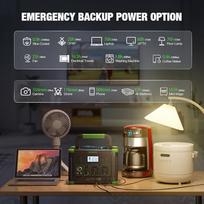 Portable Power Station 1000W, 999Wh Solar Generator, Pure Sine Wave AC Outlet with PD 60W USB-C Fast Charging, Outdoor Camping RV Van Home Backup Off-Grid Living - color: Green & Black