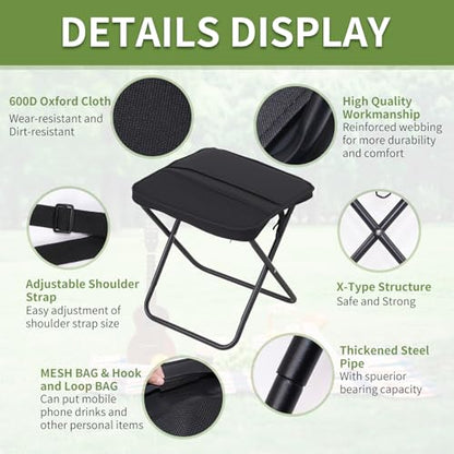 Foldable Camping Stool, Portable Collapsible Chair with Carry Bag, Ultralight Outdoor Folding Stool for Hiking Fishing, Hold Up to 265 Lbs, Black - color: Black