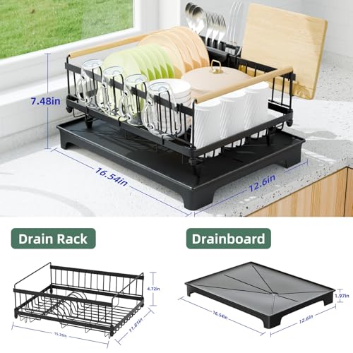 Dish Drying Rack with Auto-Drainboard - Rustproof Kitchen Counter Strainer with Cutlery & Cup Holders, Compact Space Saver Kitchen Strainer, Black