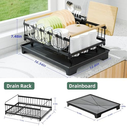 Dish Drying Rack with Auto-Drainboard - Rustproof Kitchen Counter Strainer with Cutlery & Cup Holders, Compact Space Saver Kitchen Strainer, Black