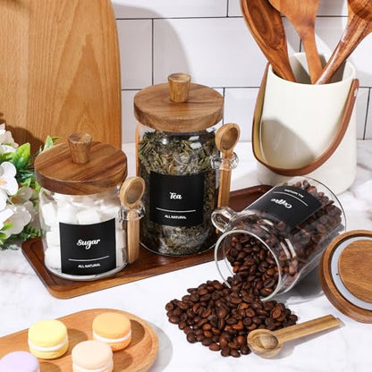Suclain 3 Pcs Glass Coffee Container with Wooden Lid Spoon Shelf Labels Clear Airtight Jar Food Storage Canister Set for Sugar Spice Coffee Bean Holder Housewarming Gift(13.5,20,25 oz,Acacia Brown) - size: 13.5,20,25 oz