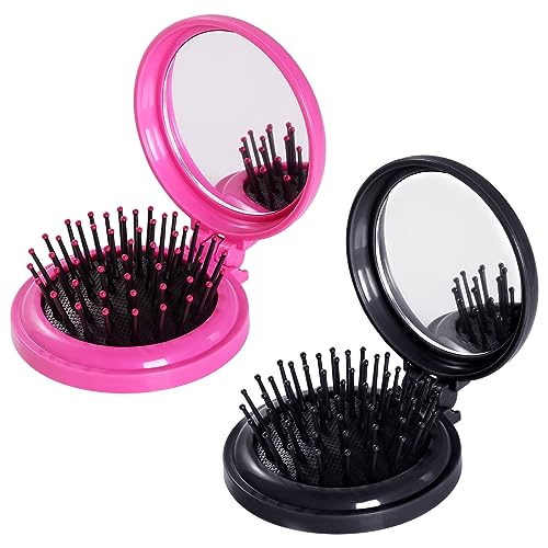 2pcs Folding Travel Mirror Hair Brushes Round Mirror Pocket Hair Brush Portable Mini Pop Up Hair Brushes for Women Girls Wet and Dry Hair - color: Rose Red, Black