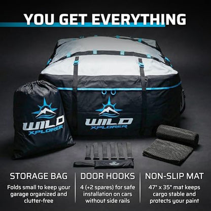 Rooftop Cargo Carrier - 15 Cubic Feet (L), Waterproof Soft Shell Car Roof Cargo Carrier, Heavy Duty Car Top Luggage Cargo Bag with Patented Door Hooks and Non-Slip Mat - size: 15 Cubic Feet