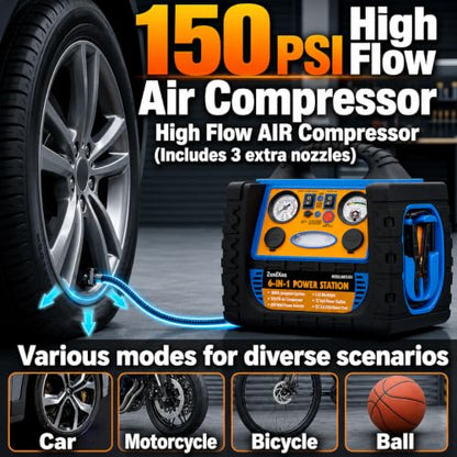 Car Jump Starter with Air Compressor, 1800A Battery Booster Pack for Up to 8.0L Gas & 6.0L Diesel, 150PSI Tire Inflator, 400W Portable Power Station with AC Outlet, 6-in-1 Jump Box for Cars, Trucks - style: 1800AMP