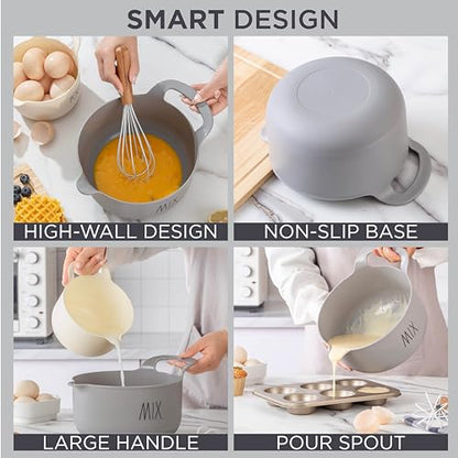 Rae Dunn Non-Slip Mixing Bowls - 4 Piece Nesting Plastic Mixing Bowl Set with Pour Spouts and Handles-Measurement Markings (Grey) - color: Gray