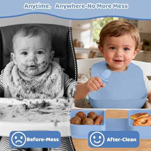 Blue Silicone Foldable Feeding Set, Travel Baby Feeding Supplies Including Toddler Plates, Silicone Baby Spoon&Fork, Adjustable Foldable Bib, Portable Infant Toddler Utensils - color: Blue